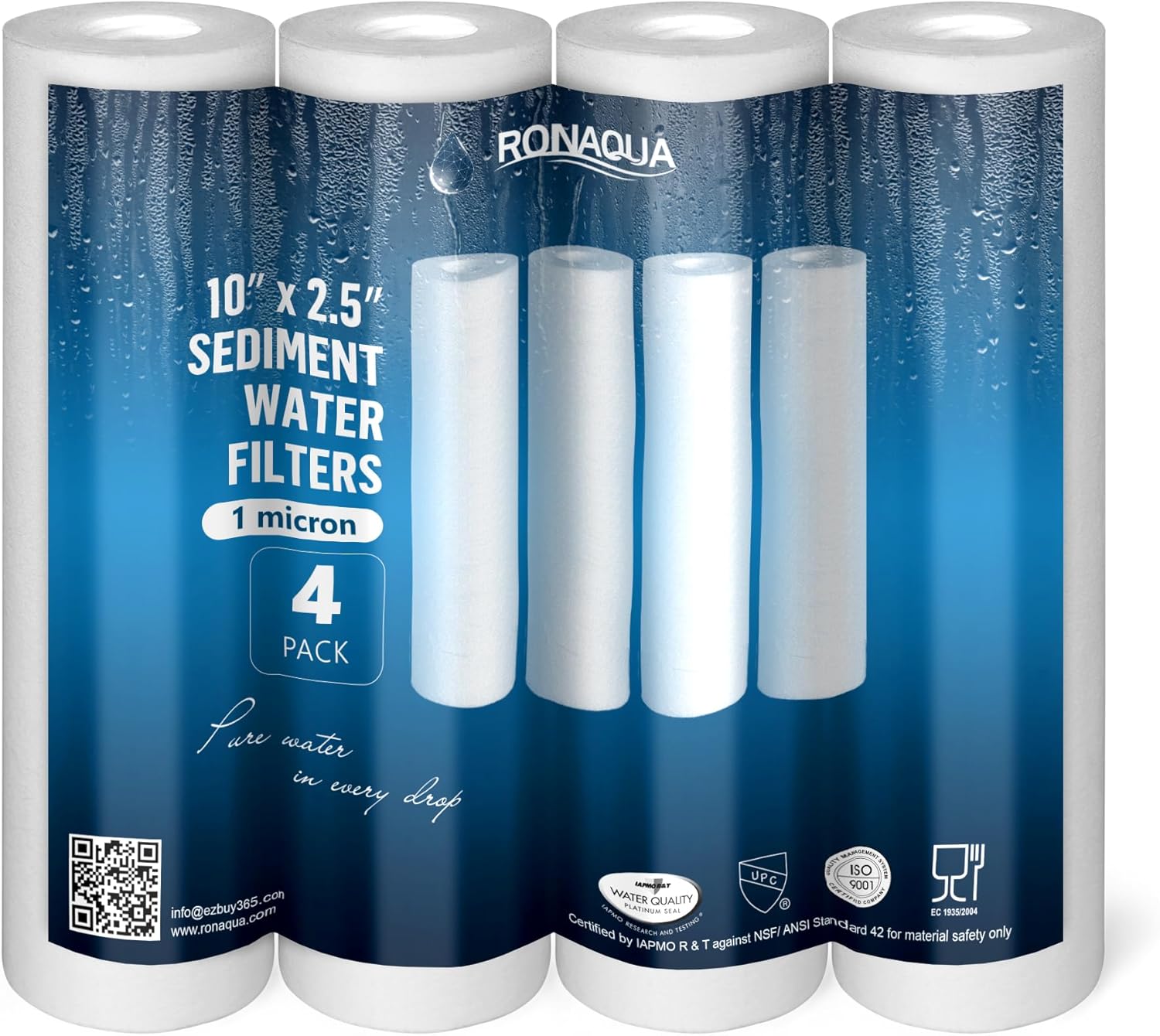 Ronaqua 10"x2.5" 1 Micron Sediment Water Filter Cartridge 4-Pack, NSF Certified, for 10" RO Units & Whole House Systems, Compatible with Culligan P5, AP110, WHKF-GD05