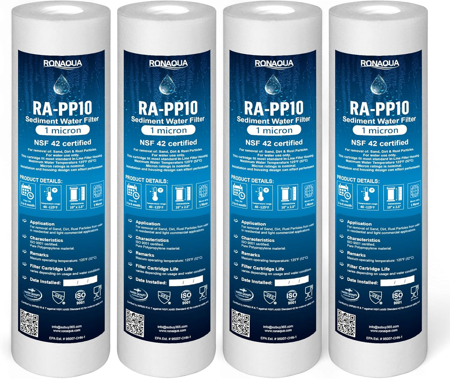 Ronaqua 10"x2.5" 1 Micron Sediment Water Filter Cartridge 4-Pack, NSF Certified, for 10" RO Units & Whole House Systems, Compatible with Culligan P5, AP110, WHKF-GD05