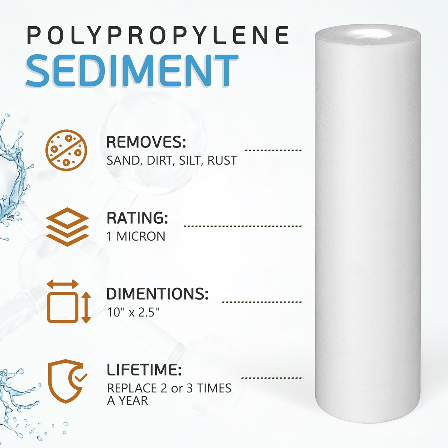 Ronaqua 10"x2.5" 1 Micron Sediment Water Filter Cartridge 4-Pack, NSF Certified, for 10" RO Units & Whole House Systems, Compatible with Culligan P5, AP110, WHKF-GD05