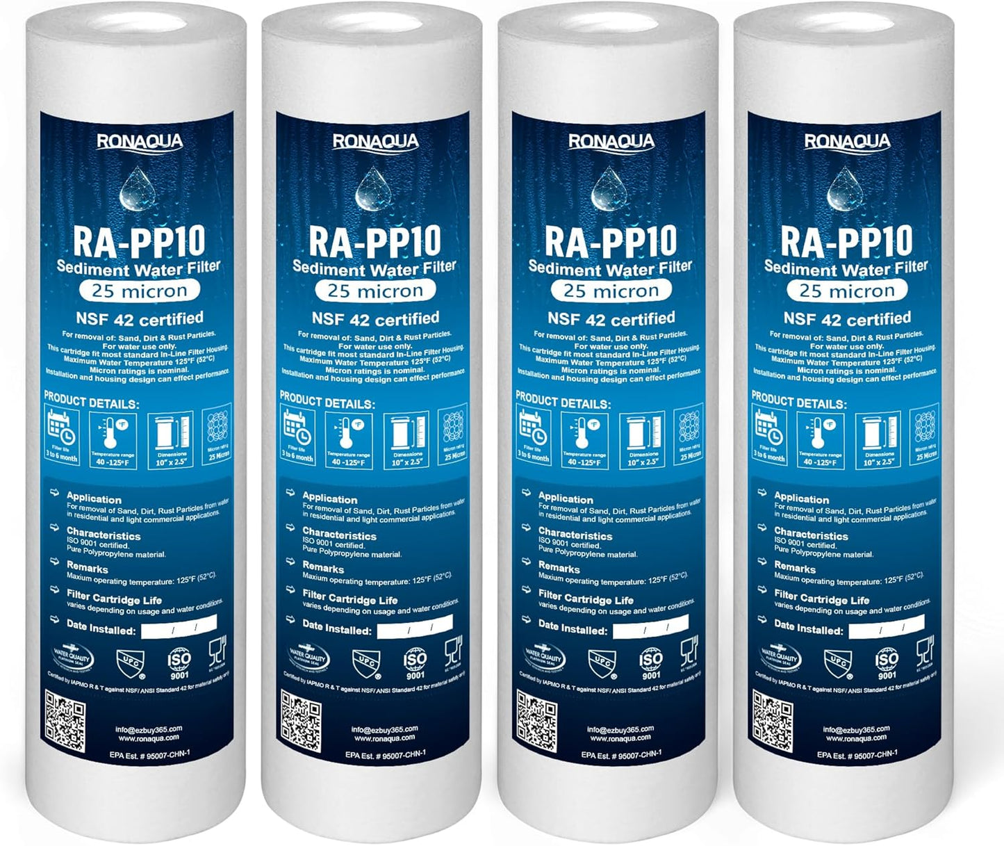 Ronaqua 25 Micron Sediment Water Filter Cartridge 10"x2.5", NSF Certified, 4-Layer Filtration - 4 Pack, Compatible with Culligan P5, AP110, WHKF-GD05, for 10-inch RO Units & Whole House Systems
