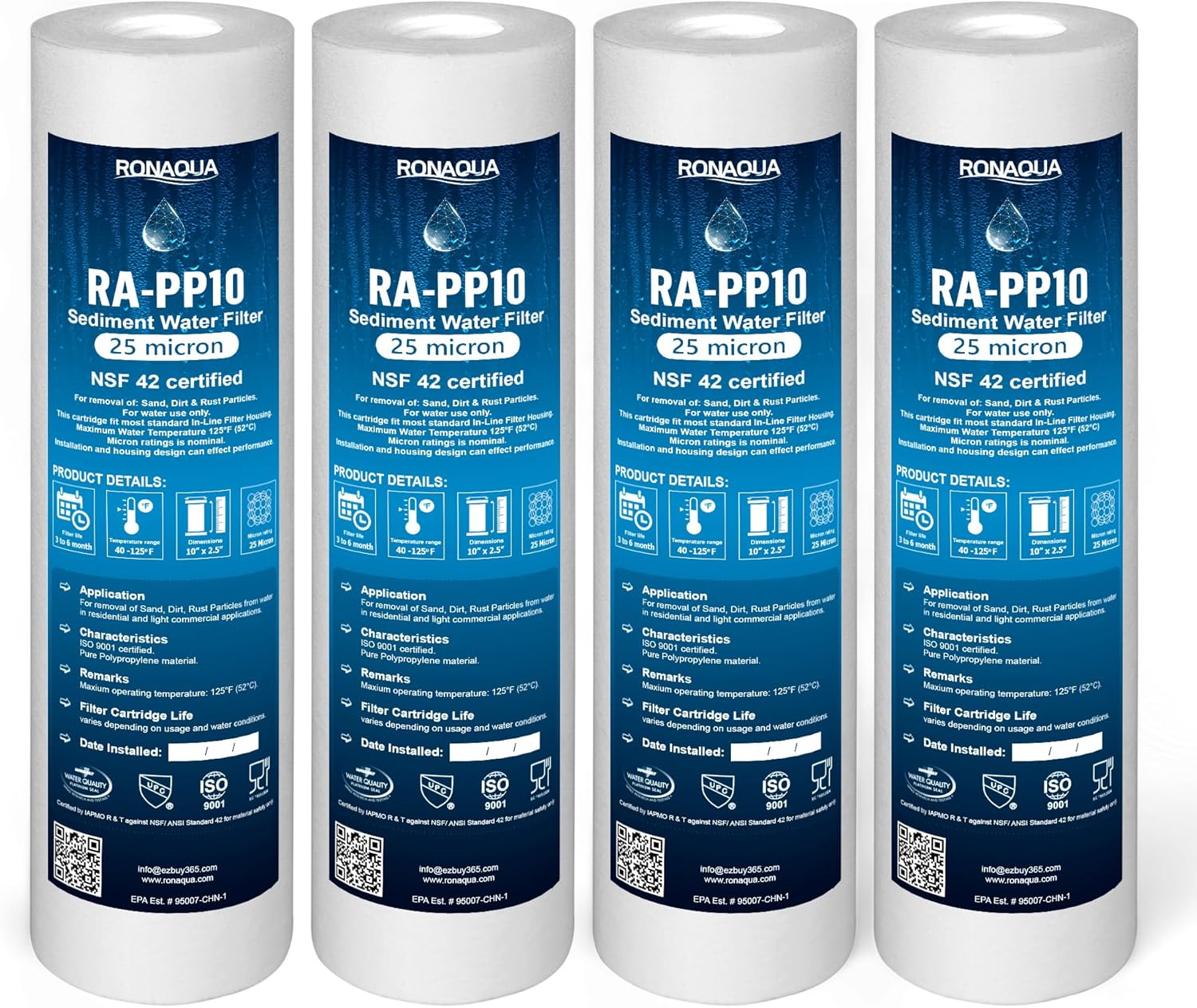 Ronaqua 25 Micron Sediment Water Filter Cartridge 10"x2.5", NSF Certified, 4-Layer Filtration - 4 Pack, Compatible with Culligan P5, AP110, WHKF-GD05, for 10-inch RO Units & Whole House Systems
