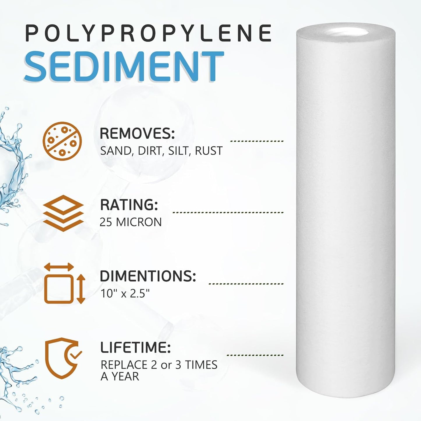 Ronaqua 25 Micron Sediment Water Filter Cartridge 10"x2.5", NSF Certified, 4-Layer Filtration - 4 Pack, Compatible with Culligan P5, AP110, WHKF-GD05, for 10-inch RO Units & Whole House Systems