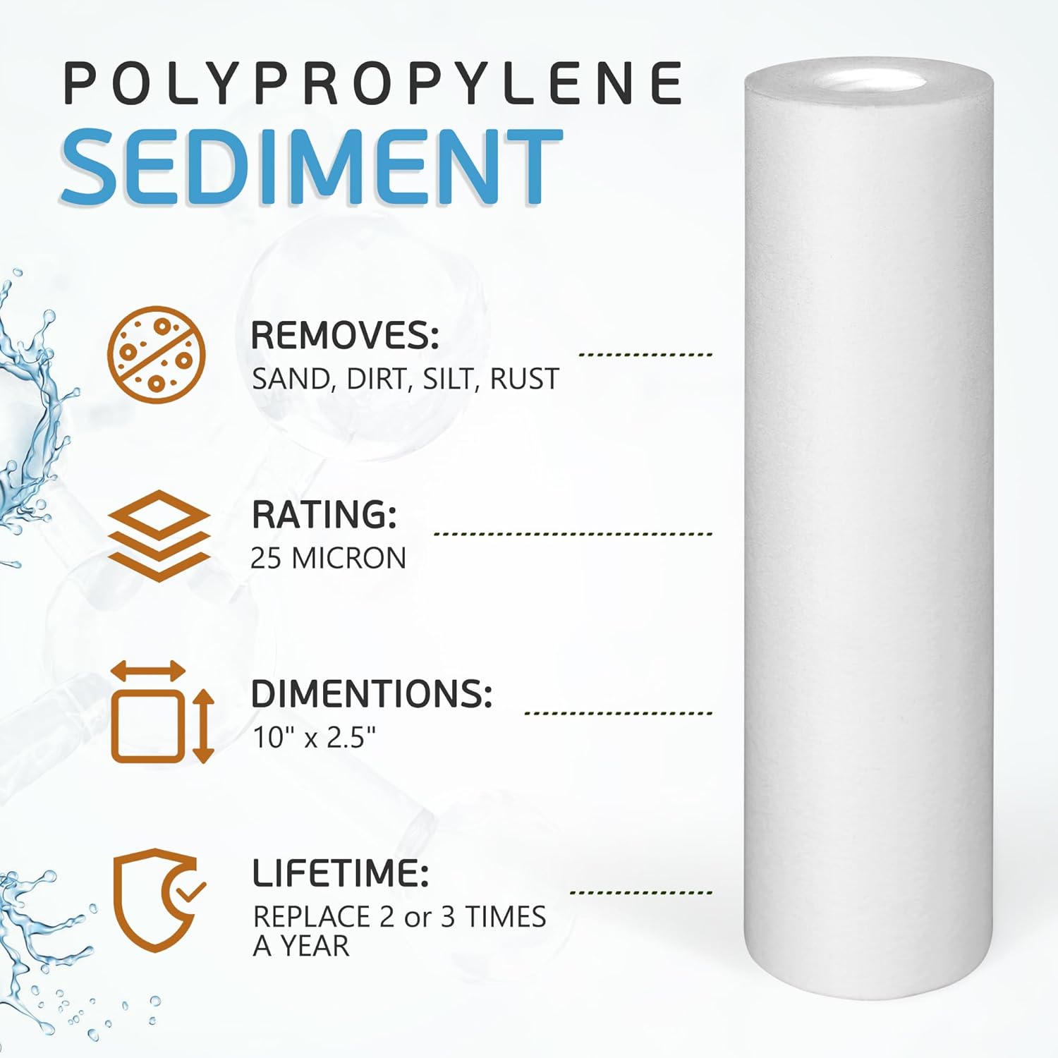 Ronaqua 25 Micron Sediment Water Filter Cartridge 10"x2.5", NSF Certified, 4-Layer Filtration - 4 Pack, Compatible with Culligan P5, AP110, WHKF-GD05, for 10-inch RO Units & Whole House Systems