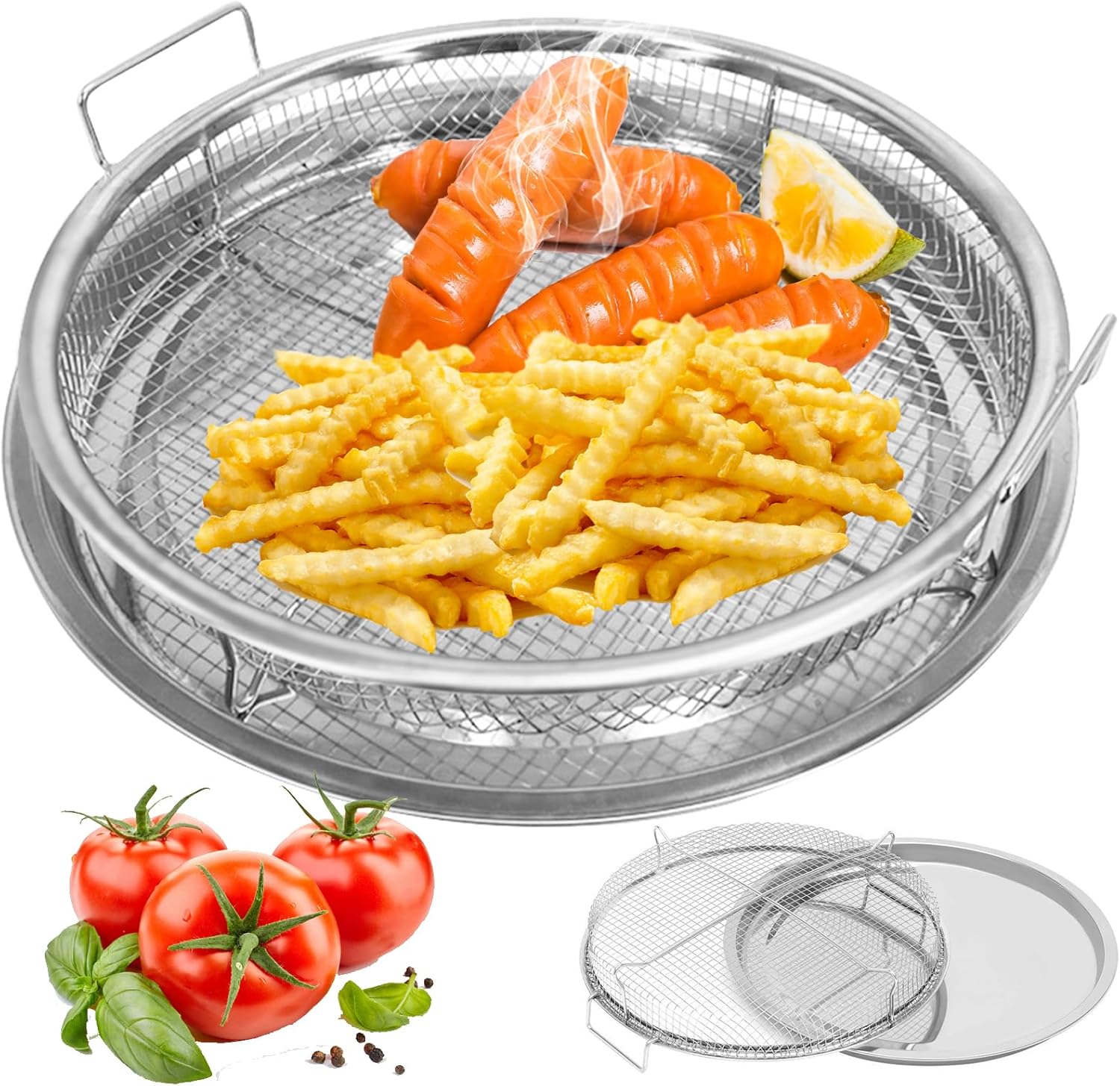 Round 12'' Non-Stick Stainless Steel Air Fryer Basket Set for Oven - 2 Piece Accessories Rack Roasting Grill Tray for Convection Oven, Dishwasher Safe