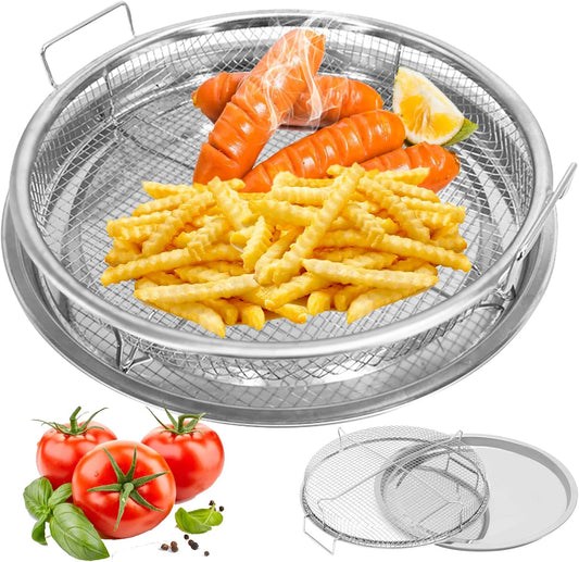 Round 12'' Non-Stick Stainless Steel Air Fryer Basket Set for Oven - 2 Piece Accessories Rack Roasting Grill Tray for Convection Oven, Dishwasher Safe