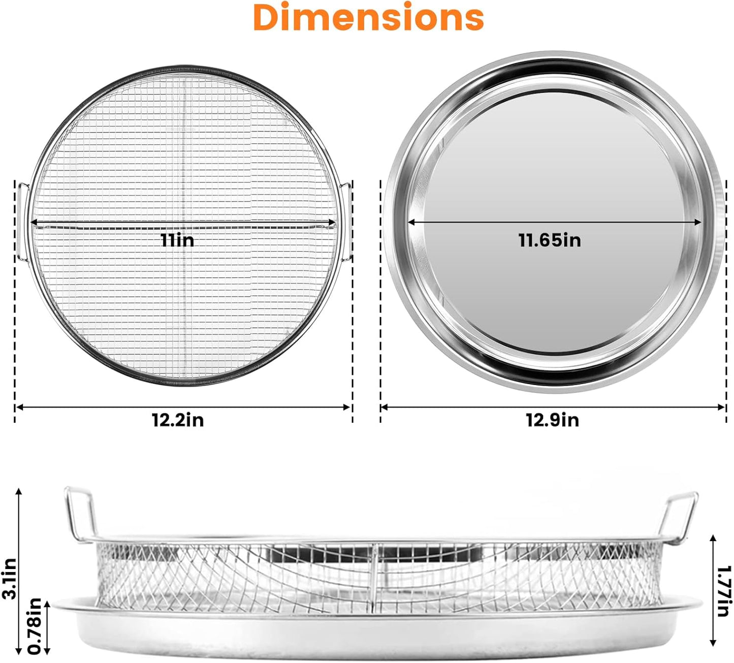 Round 12'' Non-Stick Stainless Steel Air Fryer Basket Set for Oven - 2 Piece Accessories Rack Roasting Grill Tray for Convection Oven, Dishwasher Safe