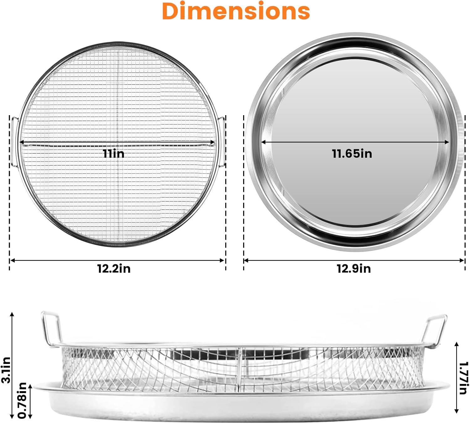 Round 12'' Non-Stick Stainless Steel Air Fryer Basket Set for Oven - 2 Piece Accessories Rack Roasting Grill Tray for Convection Oven, Dishwasher Safe