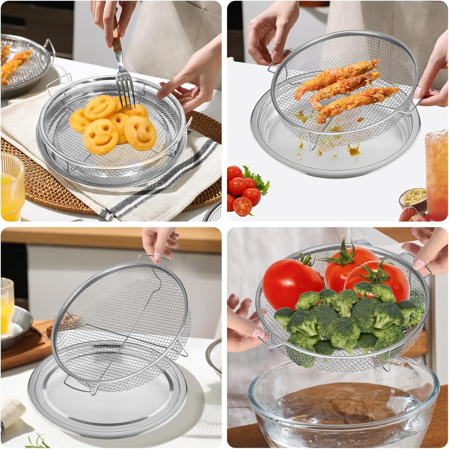 Round 12'' Non-Stick Stainless Steel Air Fryer Basket Set for Oven - 2 Piece Accessories Rack Roasting Grill Tray for Convection Oven, Dishwasher Safe