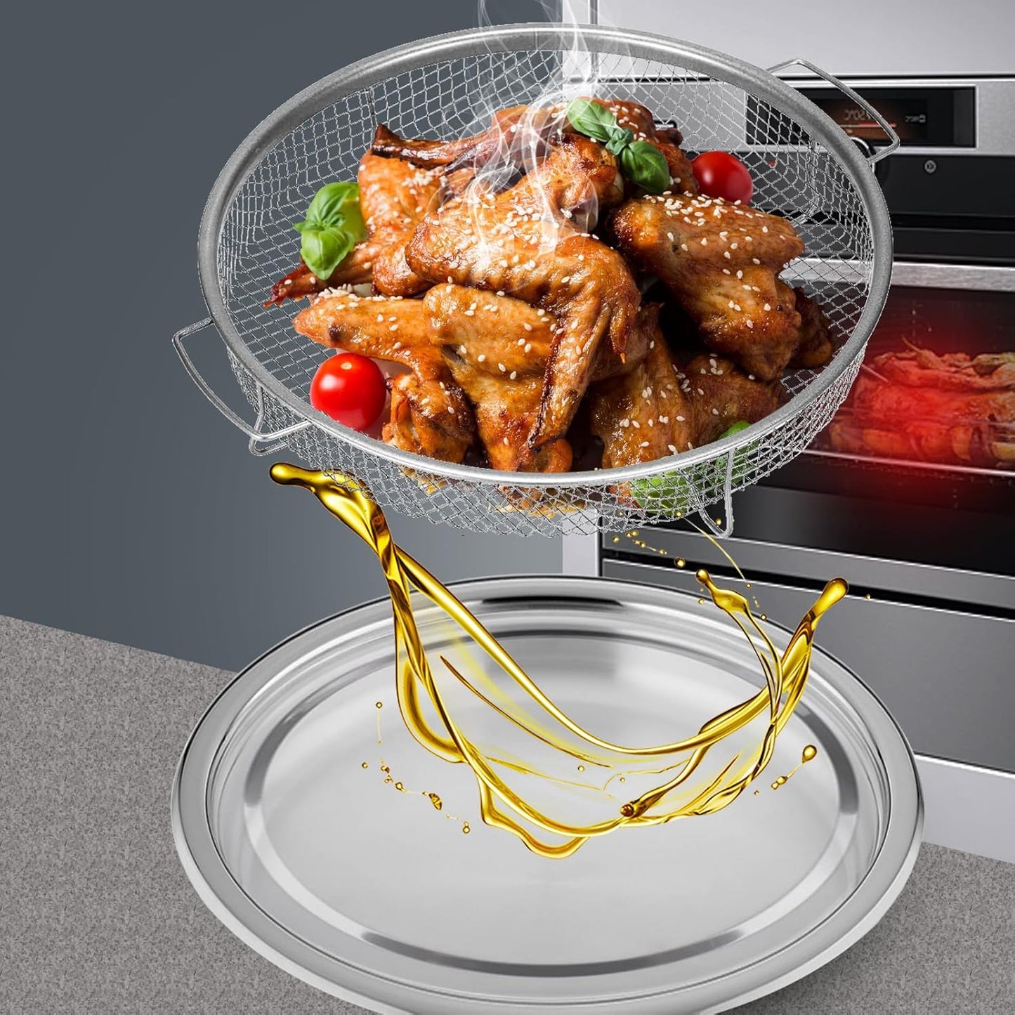 Round 12'' Non-Stick Stainless Steel Air Fryer Basket Set for Oven - 2 Piece Accessories Rack Roasting Grill Tray for Convection Oven, Dishwasher Safe
