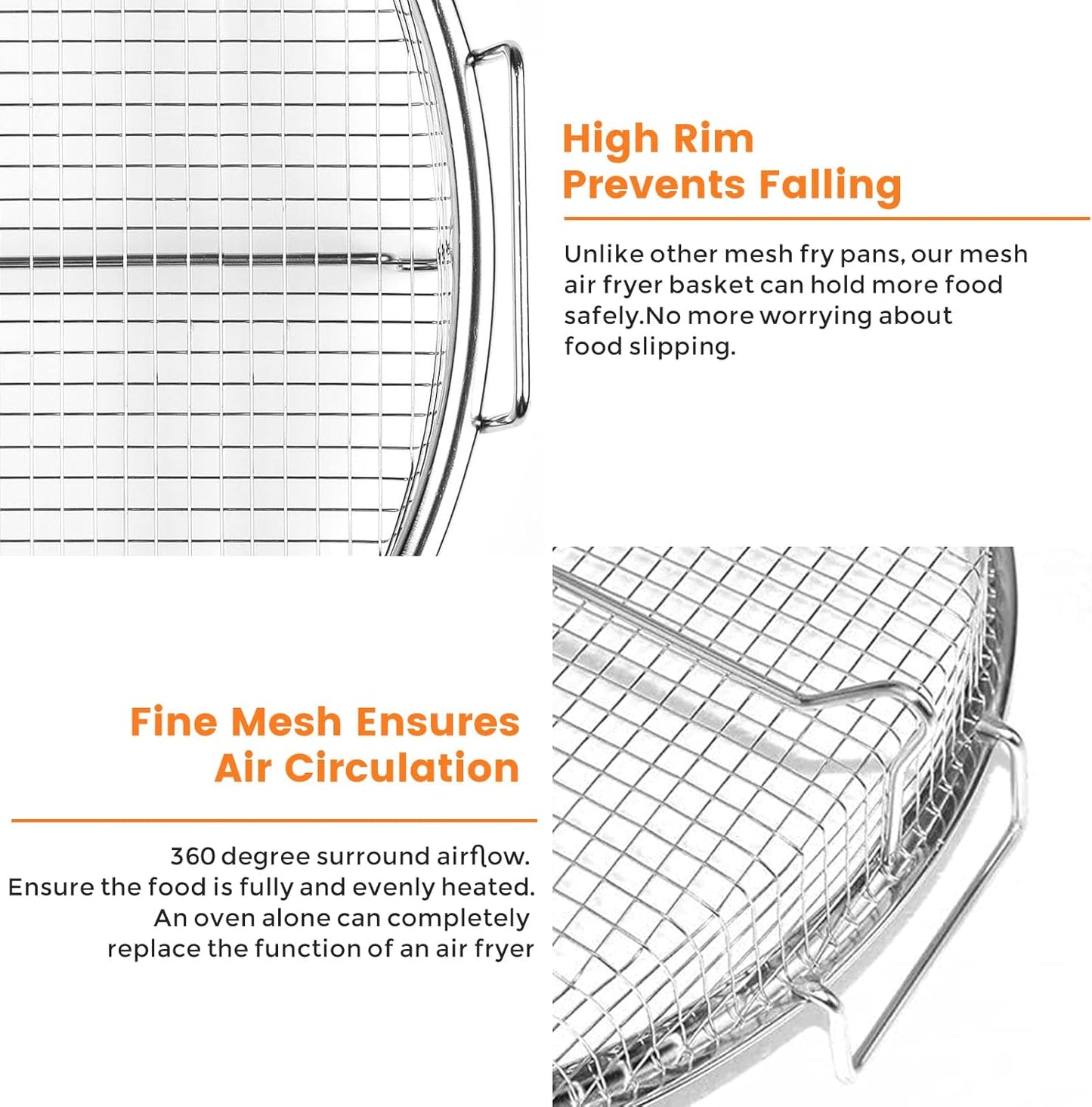 Round 12'' Non-Stick Stainless Steel Air Fryer Basket Set for Oven - 2 Piece Accessories Rack Roasting Grill Tray for Convection Oven, Dishwasher Safe