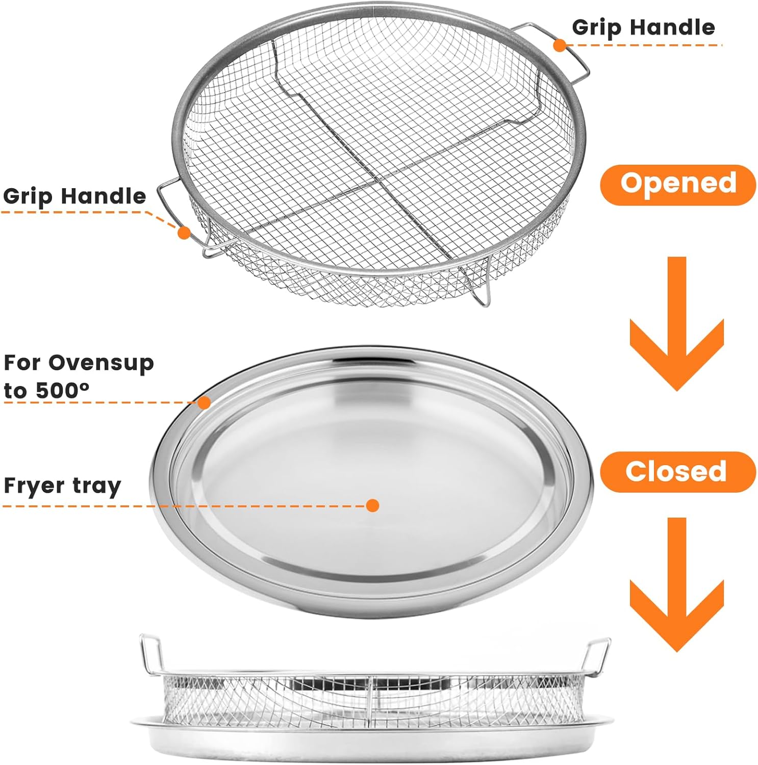 Round 12'' Non-Stick Stainless Steel Air Fryer Basket Set for Oven - 2 Piece Accessories Rack Roasting Grill Tray for Convection Oven, Dishwasher Safe