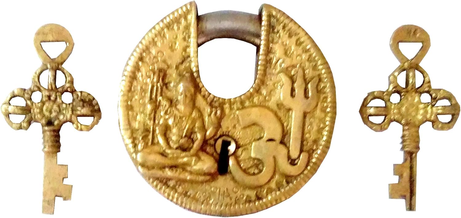 Round Antique Brass Padlock Om Shiva: Unique Collectible by Purpledip (11813)