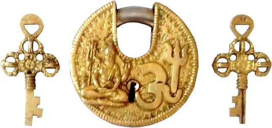 Round Antique Brass Padlock Om Shiva: Unique Collectible by Purpledip (11813)