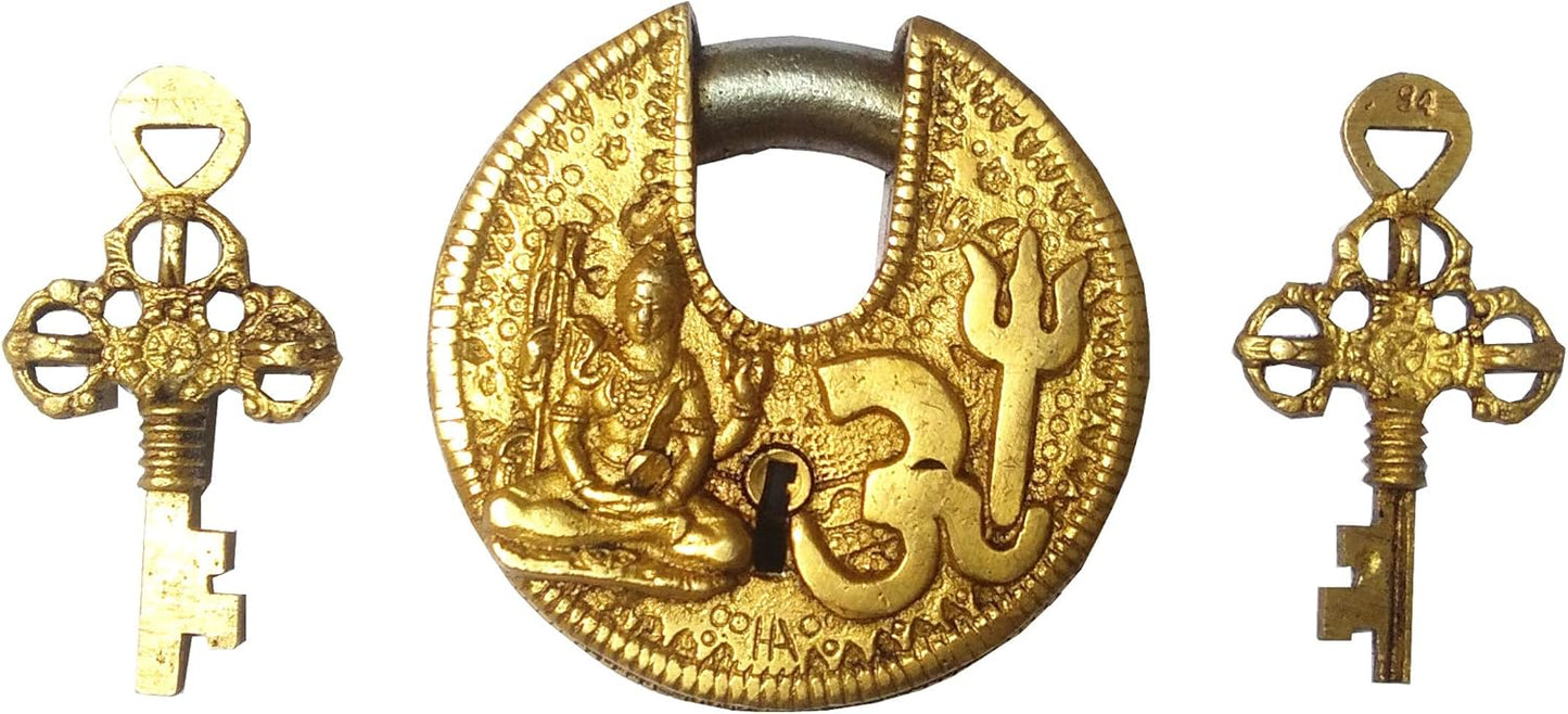 Round Antique Brass Padlock Om Shiva: Unique Collectible by Purpledip (11813)