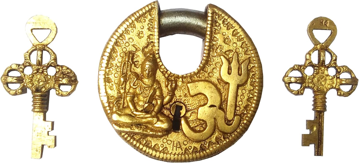 Round Antique Brass Padlock Om Shiva: Unique Collectible by Purpledip (11813)