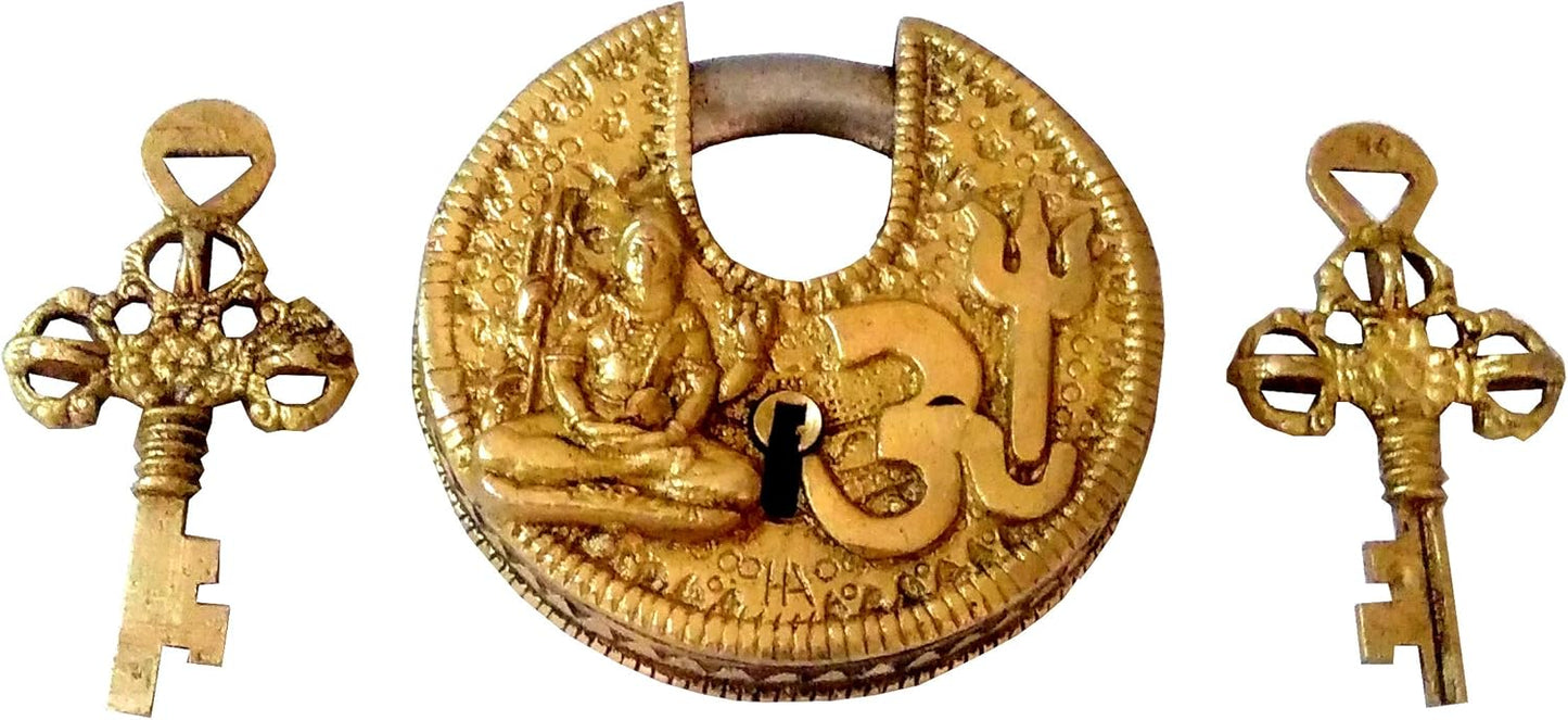 Round Antique Brass Padlock Om Shiva: Unique Collectible by Purpledip (11813)