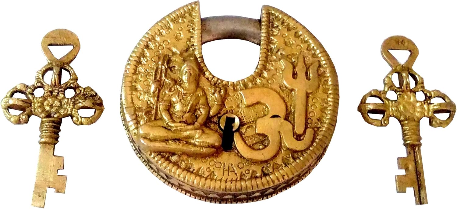 Round Antique Brass Padlock Om Shiva: Unique Collectible by Purpledip (11813)