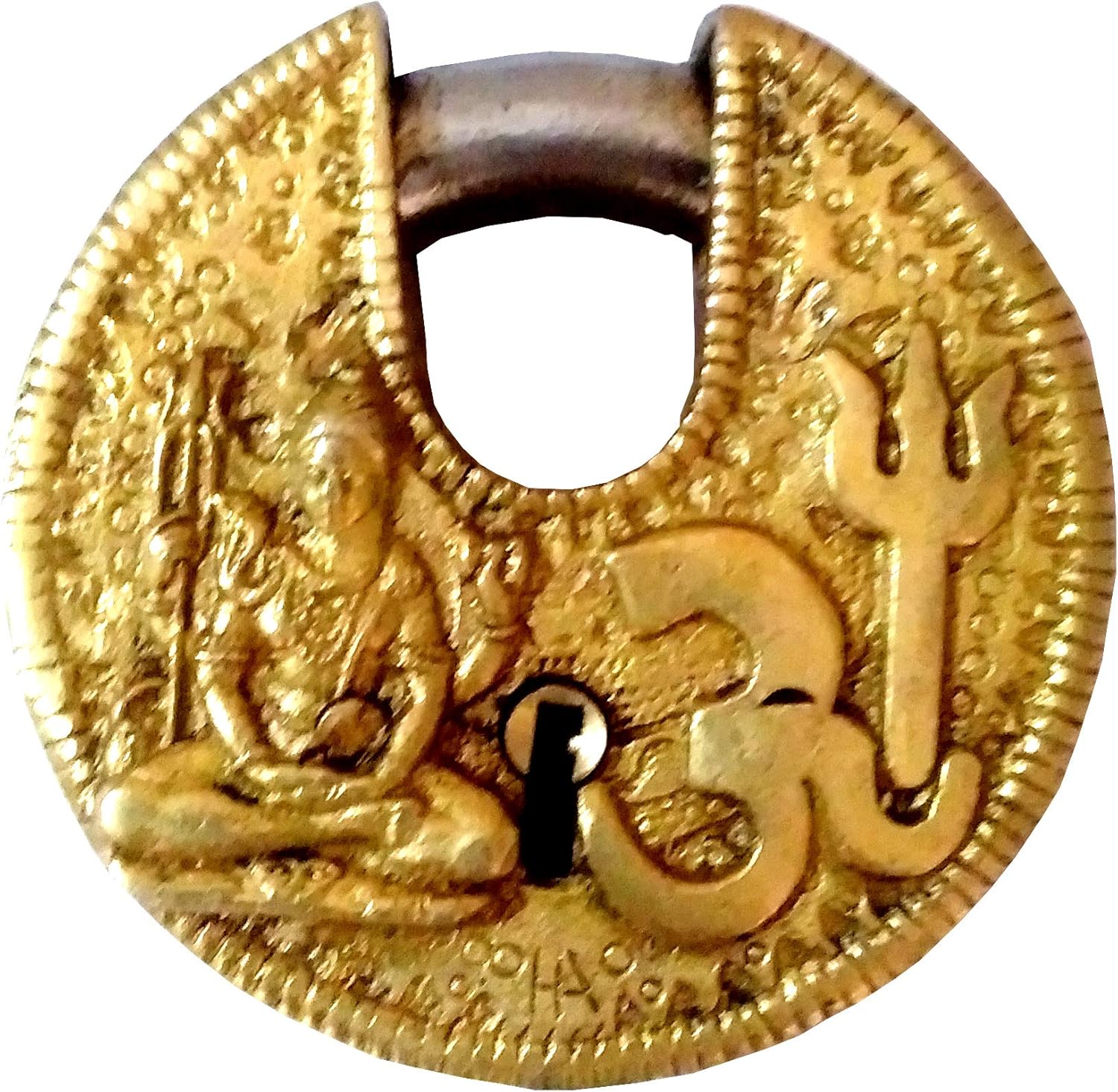 Round Antique Brass Padlock Om Shiva: Unique Collectible by Purpledip (11813)