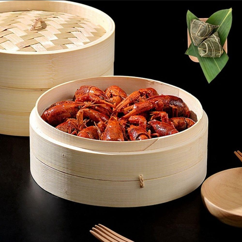 Round Bamboo Steamer Basket - 7.87 inch Dumpling Food Steamer for Chinese Asian Cooking