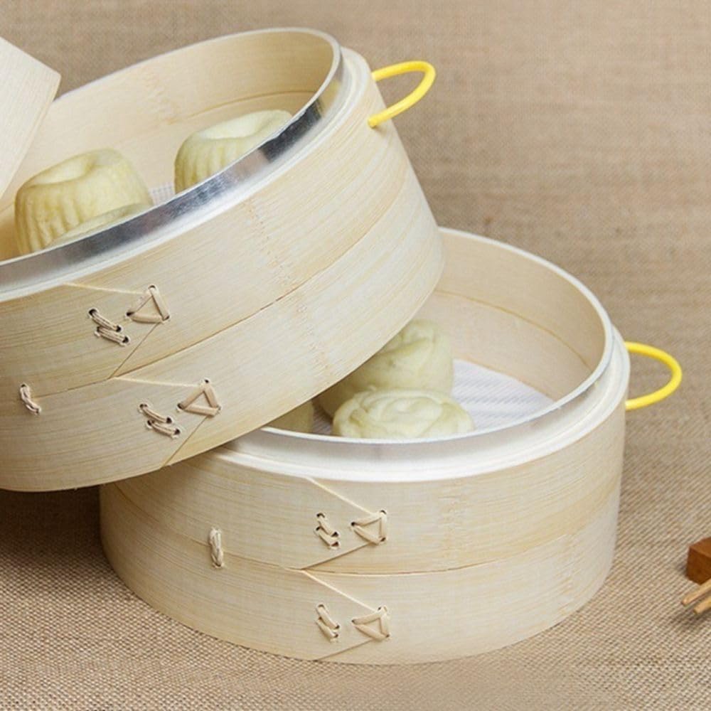 Round Bamboo Steamer Basket - 7.87 inch Dumpling Food Steamer for Chinese Asian Cooking
