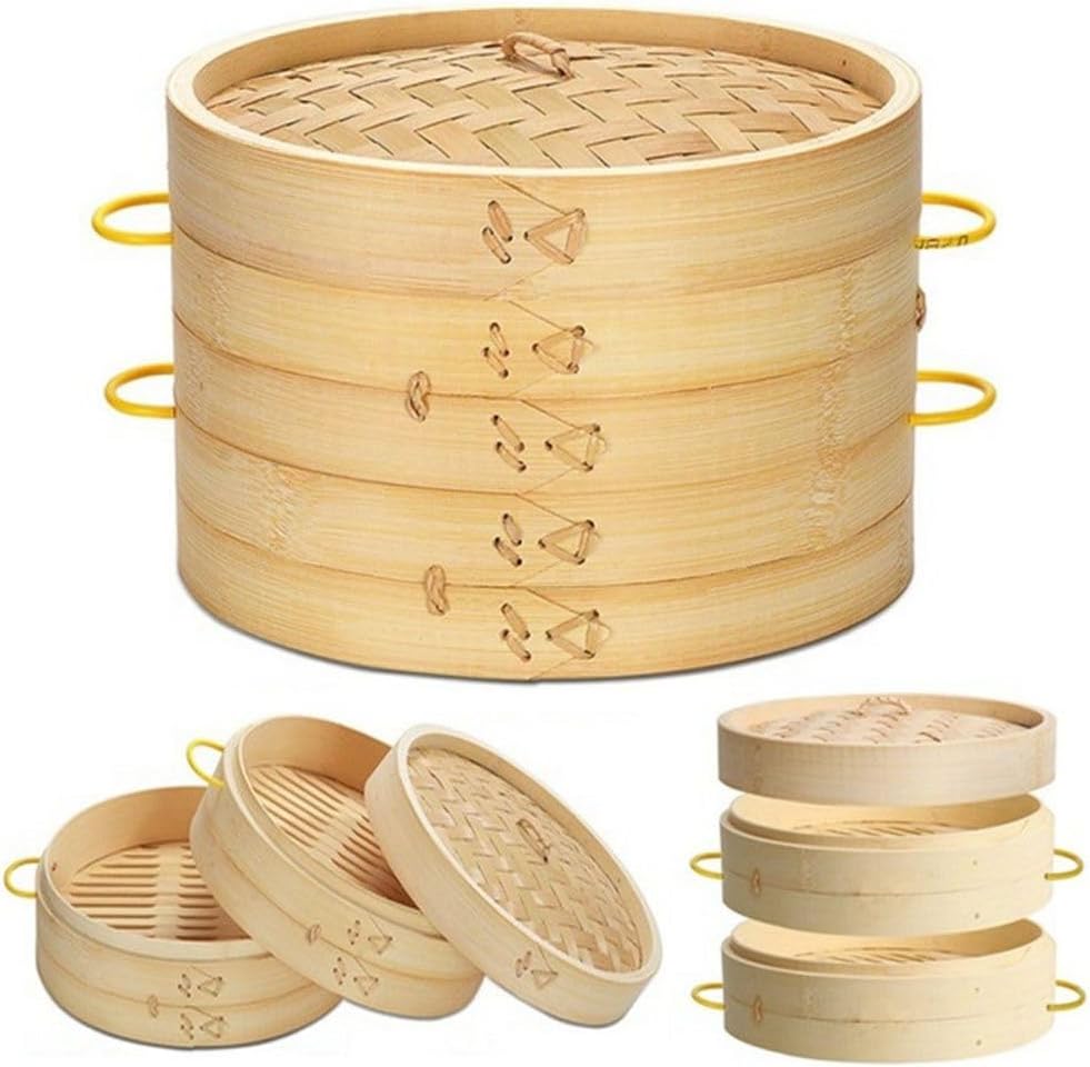 Round Bamboo Steamer Basket - 7.87 inch Dumpling Food Steamer for Chinese Asian Cooking