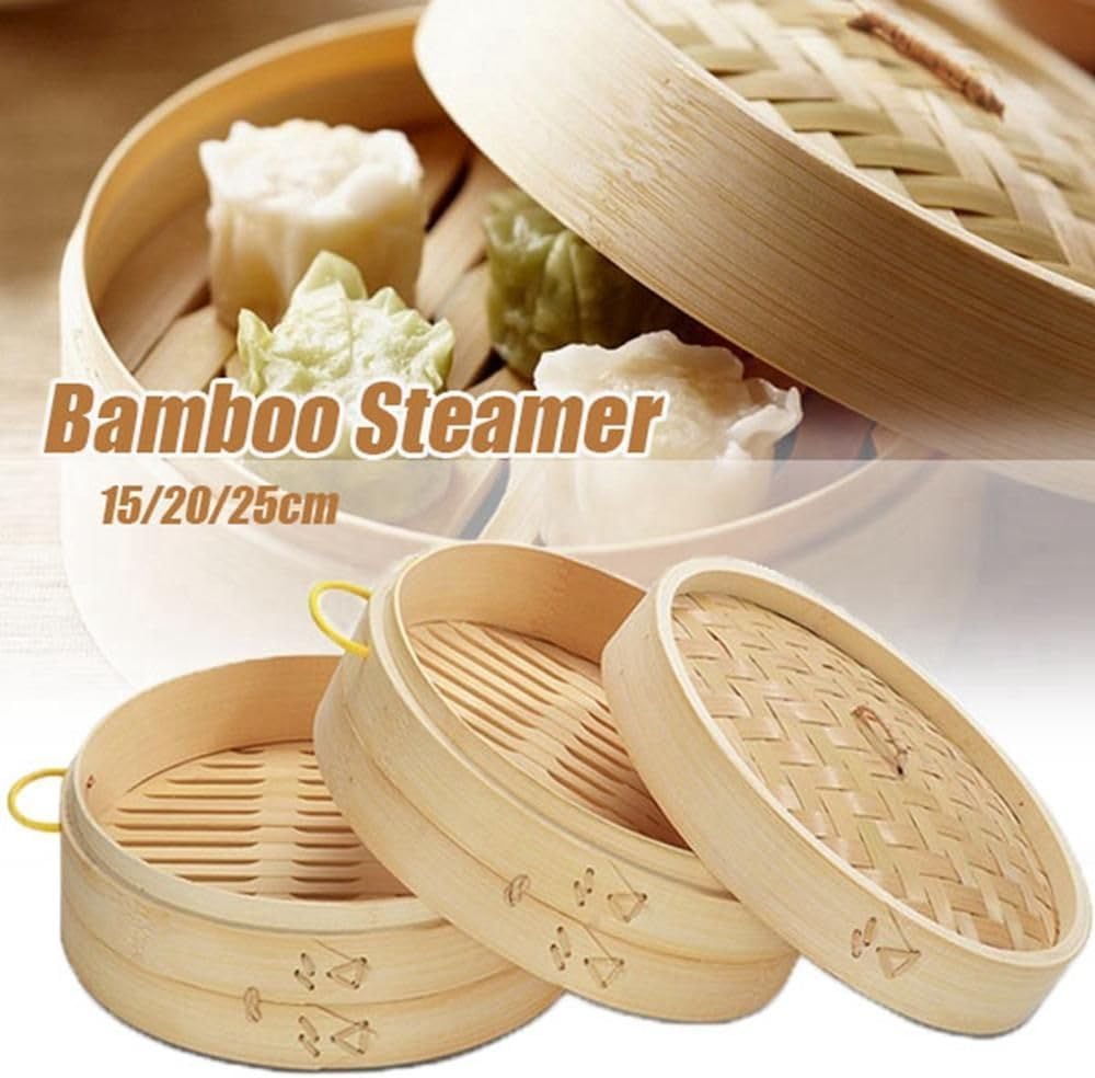 Round Bamboo Steamer Basket - 7.87 inch Dumpling Food Steamer for Chinese Asian Cooking