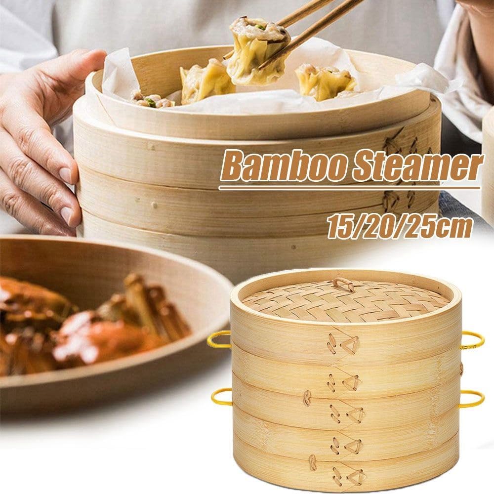 Round Bamboo Steamer Basket - 7.87 inch Dumpling Food Steamer for Chinese Asian Cooking
