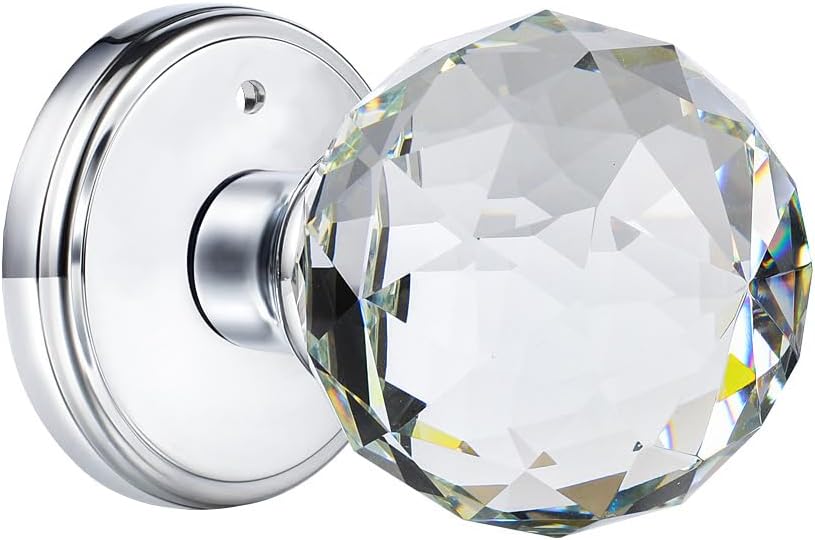 Round Crystal Glass Door Knobs with Lock for Bathroom/Bedroom Privacy - Polished Chrome Interior Knob