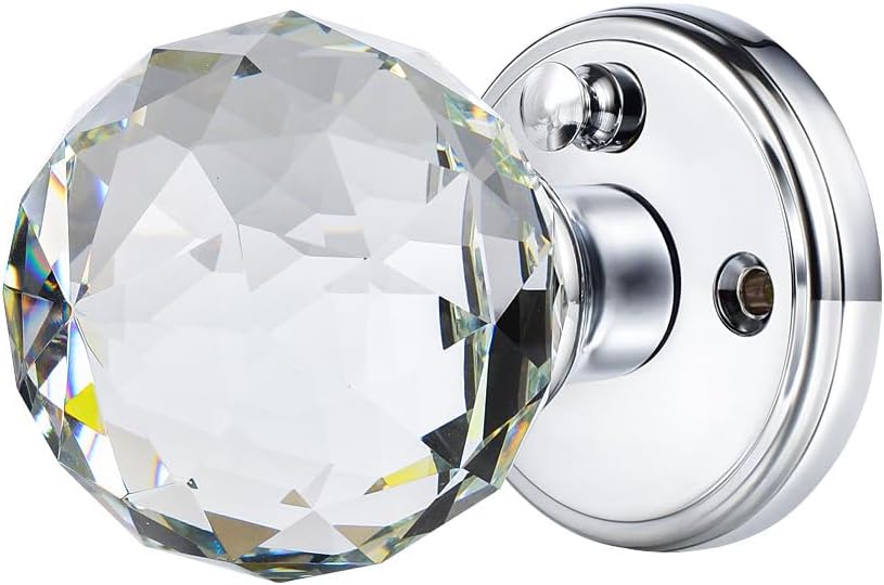 Round Crystal Glass Door Knobs with Lock for Bathroom/Bedroom Privacy - Polished Chrome Interior Knob