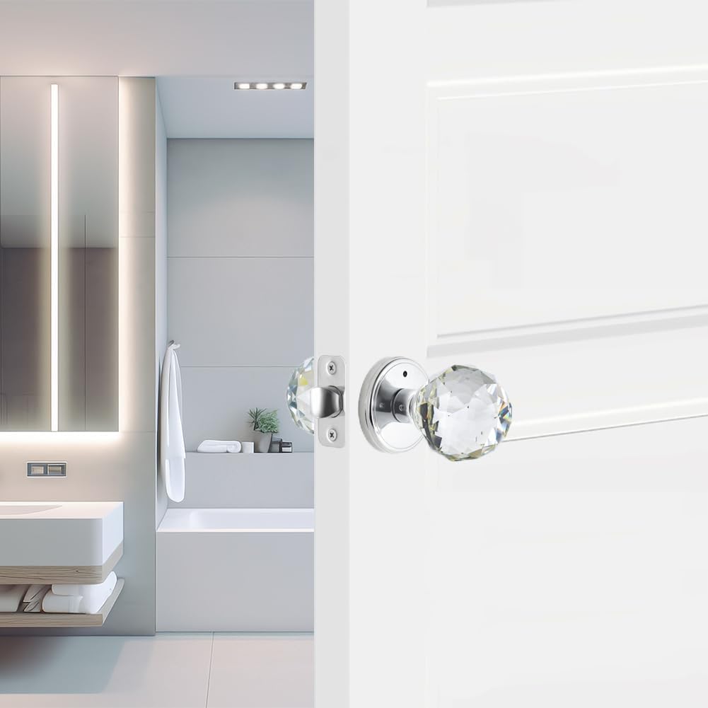Round Crystal Glass Door Knobs with Lock for Bathroom/Bedroom Privacy - Polished Chrome Interior Knob
