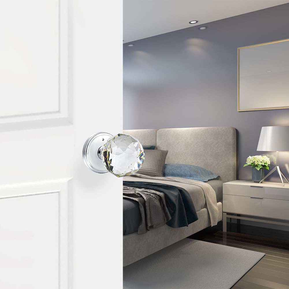 Round Crystal Glass Door Knobs with Lock for Bathroom/Bedroom Privacy - Polished Chrome Interior Knob