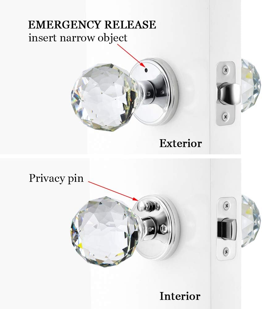 Round Crystal Glass Door Knobs with Lock for Bathroom/Bedroom Privacy - Polished Chrome Interior Knob