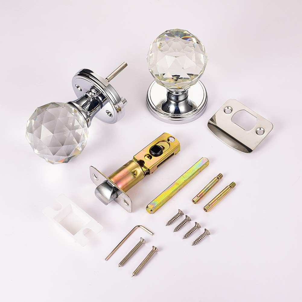 Round Crystal Glass Door Knobs with Lock for Bathroom/Bedroom Privacy - Polished Chrome Interior Knob