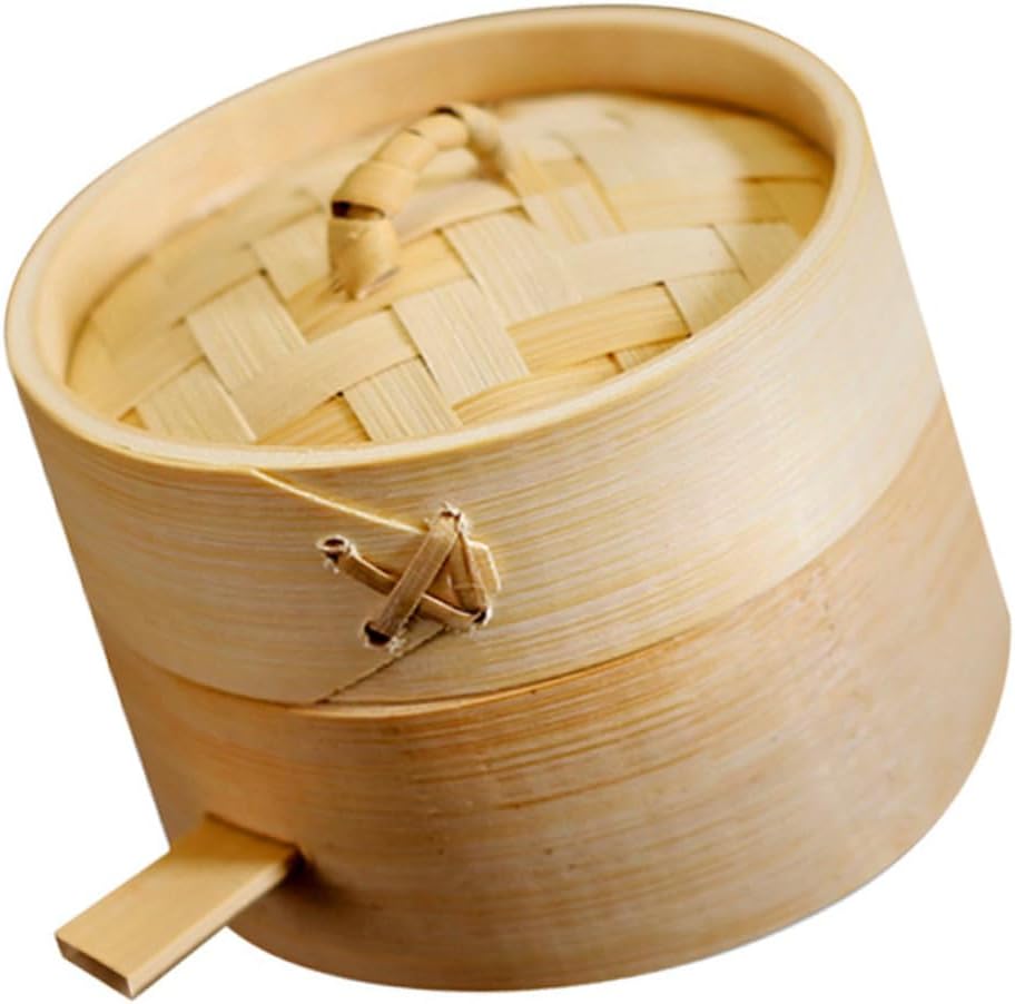 Round Dim Sum Bamboo Steamer with Handle Cover for Buns and Food - Home Kitchen Cookware by DECHOUS