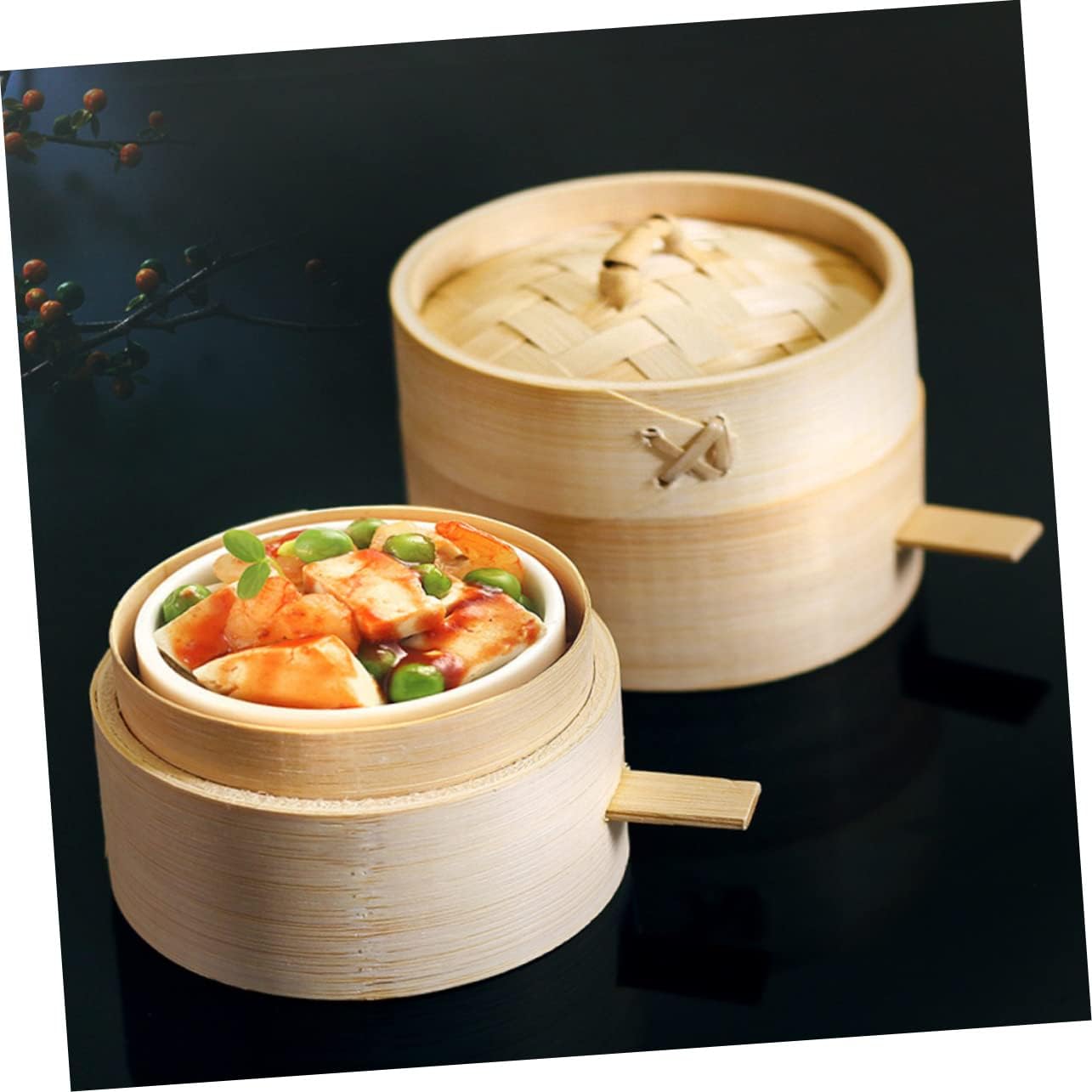 Round Dim Sum Bamboo Steamer with Handle Cover for Buns and Food - Home Kitchen Cookware by DECHOUS
