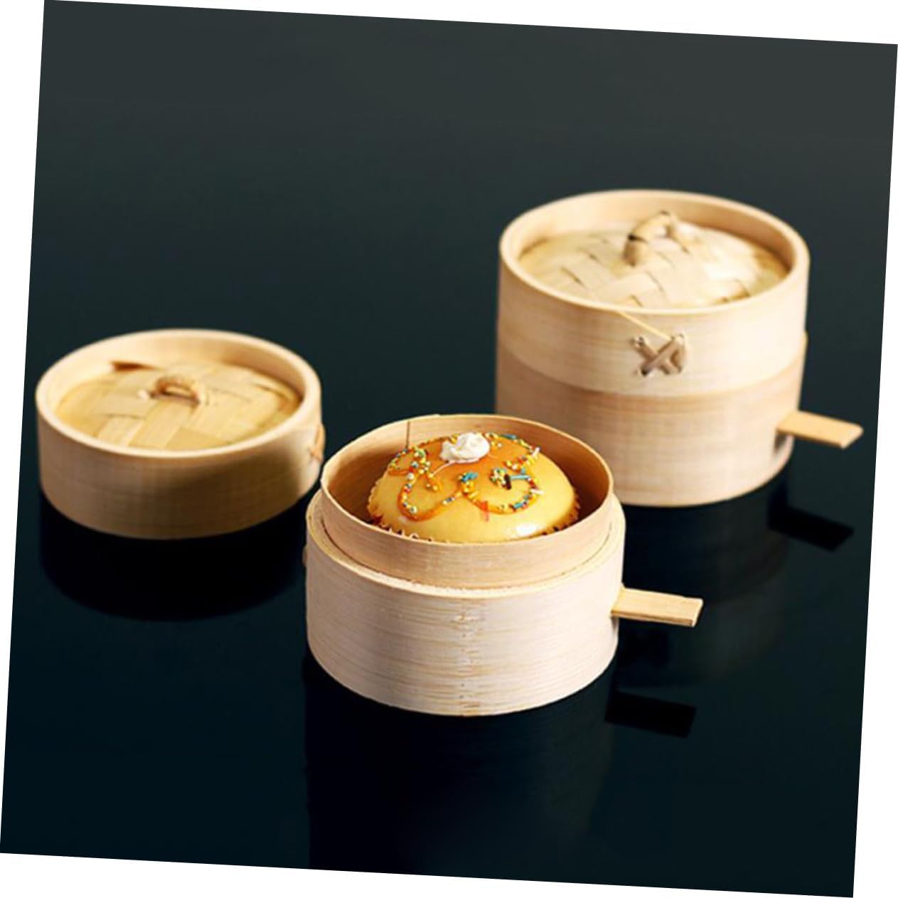 Round Dim Sum Bamboo Steamer with Handle Cover for Buns and Food - Home Kitchen Cookware by DECHOUS