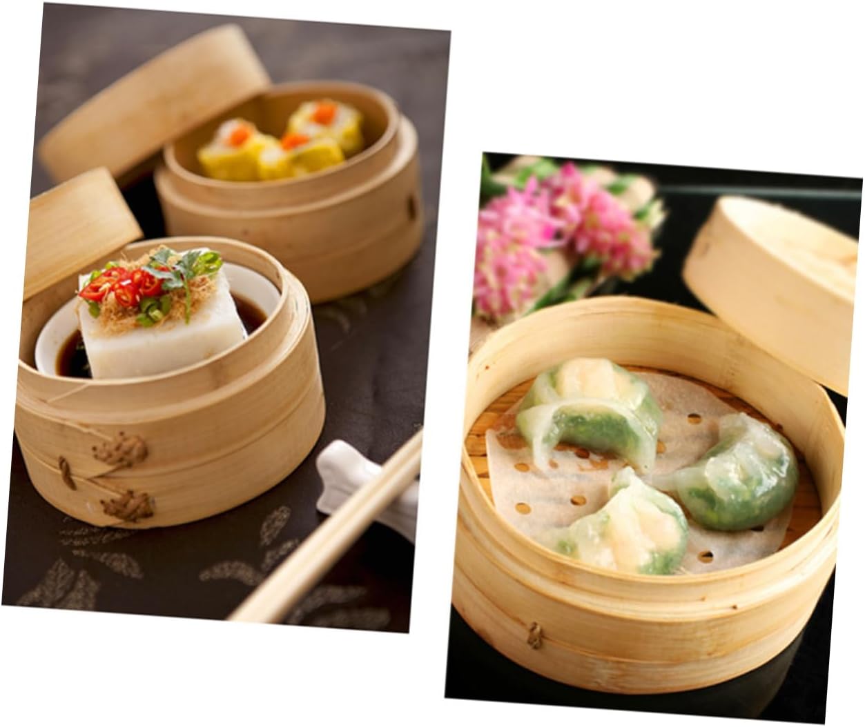 Round Dim Sum Bamboo Steamer with Handle Cover for Buns and Food - Home Kitchen Cookware by DECHOUS