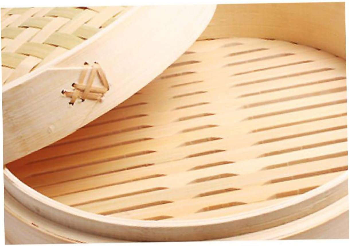 Round Dim Sum Bamboo Steamer with Handle Cover for Buns and Food - Home Kitchen Cookware by DECHOUS