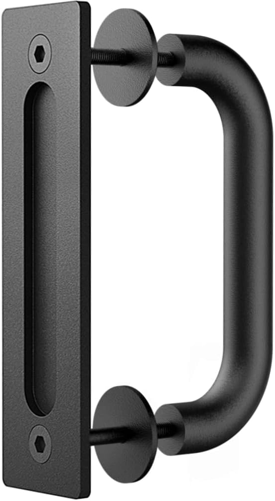 Rustic Black C-Shape Sliding Barn Door Handle Pull and Flush Hardware Set with Two-Side Flat Back-Plate Design
