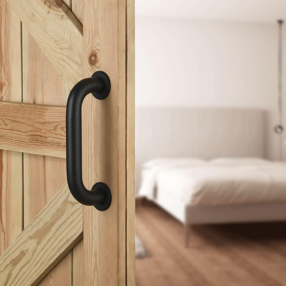 Rustic Black C-Shape Sliding Barn Door Handle Pull and Flush Hardware Set with Two-Side Flat Back-Plate Design