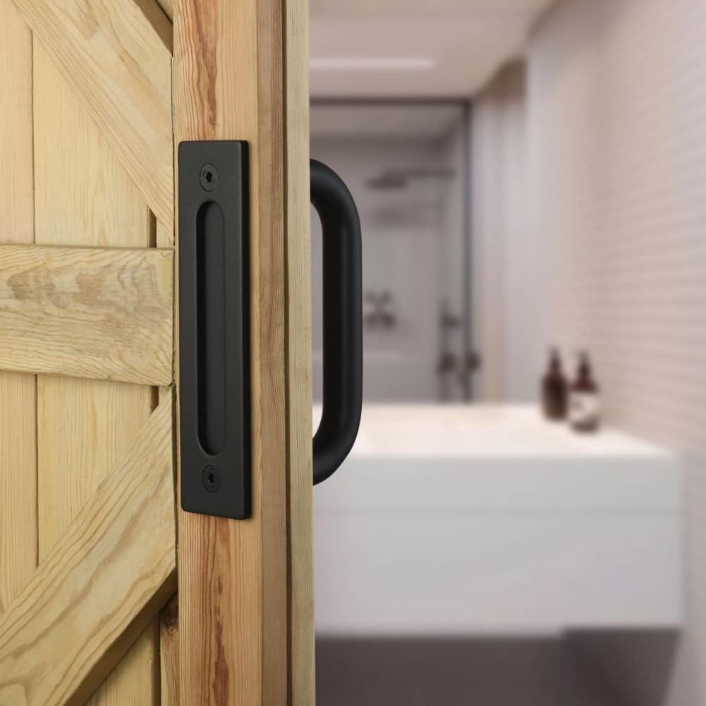 Rustic Black C-Shape Sliding Barn Door Handle Pull and Flush Hardware Set with Two-Side Flat Back-Plate Design