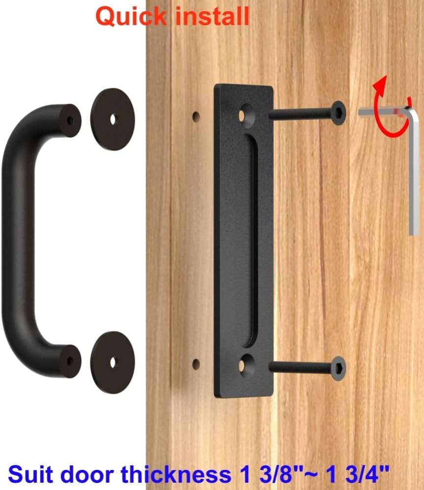 Rustic Black C-Shape Sliding Barn Door Handle Pull and Flush Hardware Set with Two-Side Flat Back-Plate Design