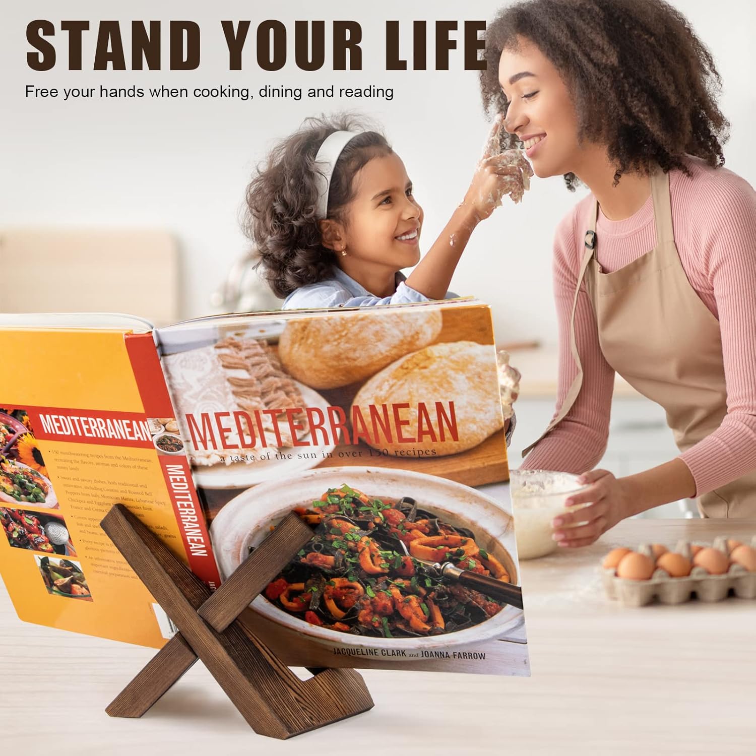Rustic Brown Wooden Cookbook Stand for Kitchen Counter - PUERSI Recipe Book Holder Stand