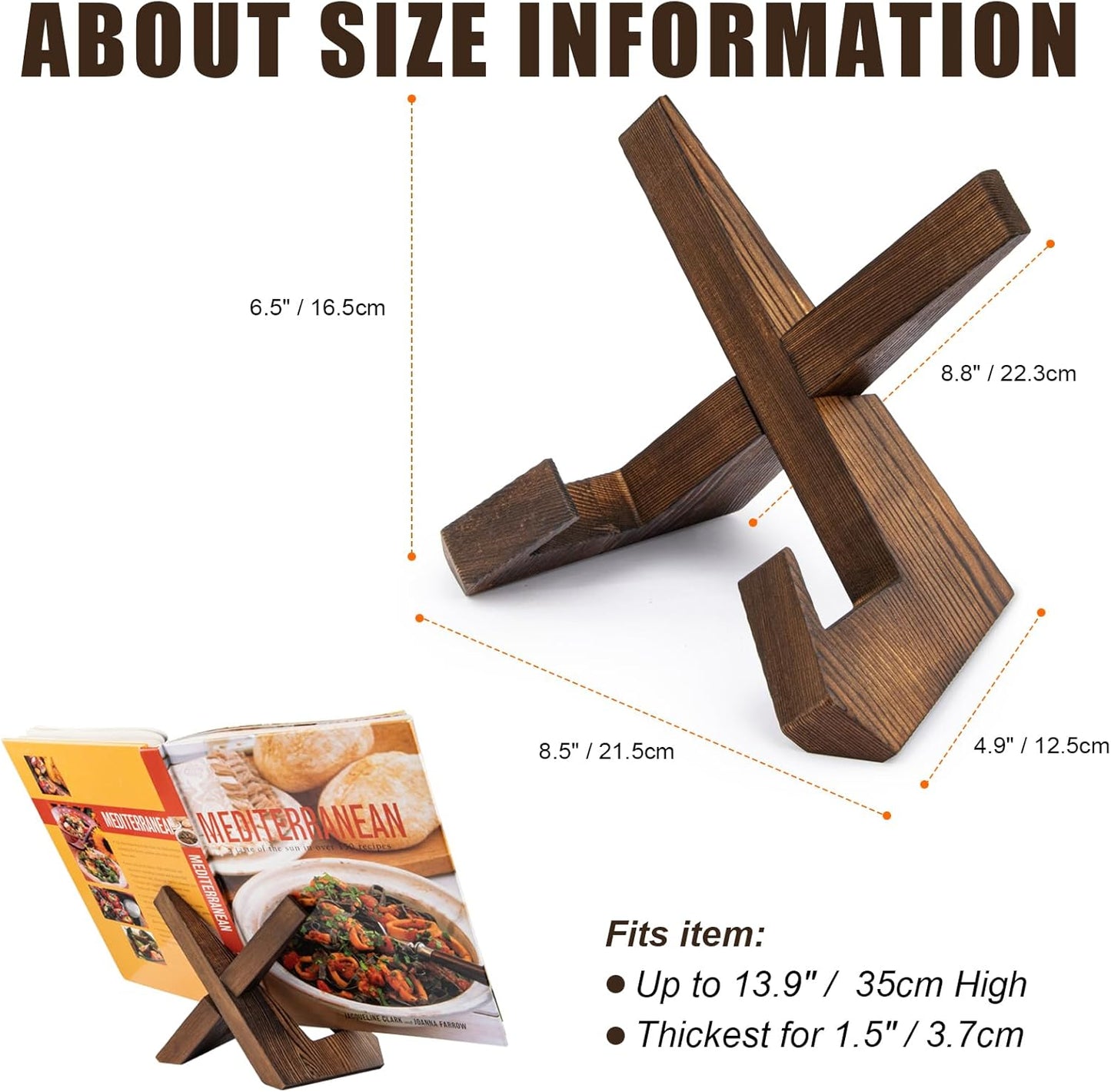 Rustic Brown Wooden Cookbook Stand for Kitchen Counter - PUERSI Recipe Book Holder Stand