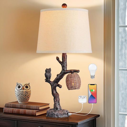 Rustic Farmhouse Owl Table Lamp with 3-Way Lighting Modes and USB Port - Perfect for Bedroom or Living Room Decor