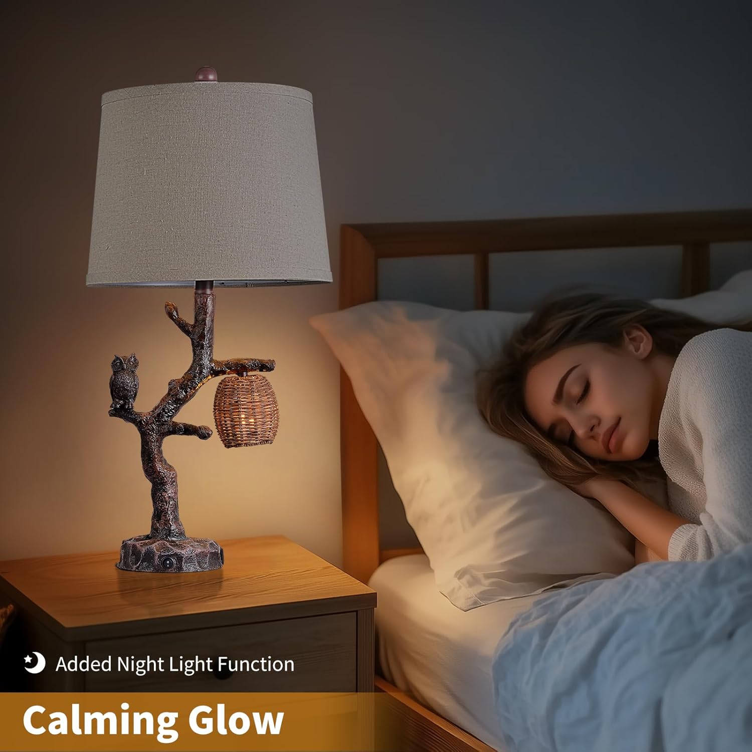 Rustic Farmhouse Owl Table Lamp with 3-Way Lighting Modes and USB Port - Perfect for Bedroom or Living Room Decor