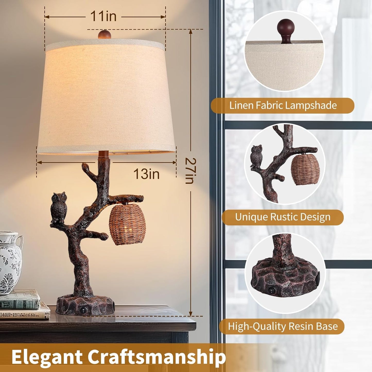 Rustic Farmhouse Owl Table Lamp with 3-Way Lighting Modes and USB Port - Perfect for Bedroom or Living Room Decor
