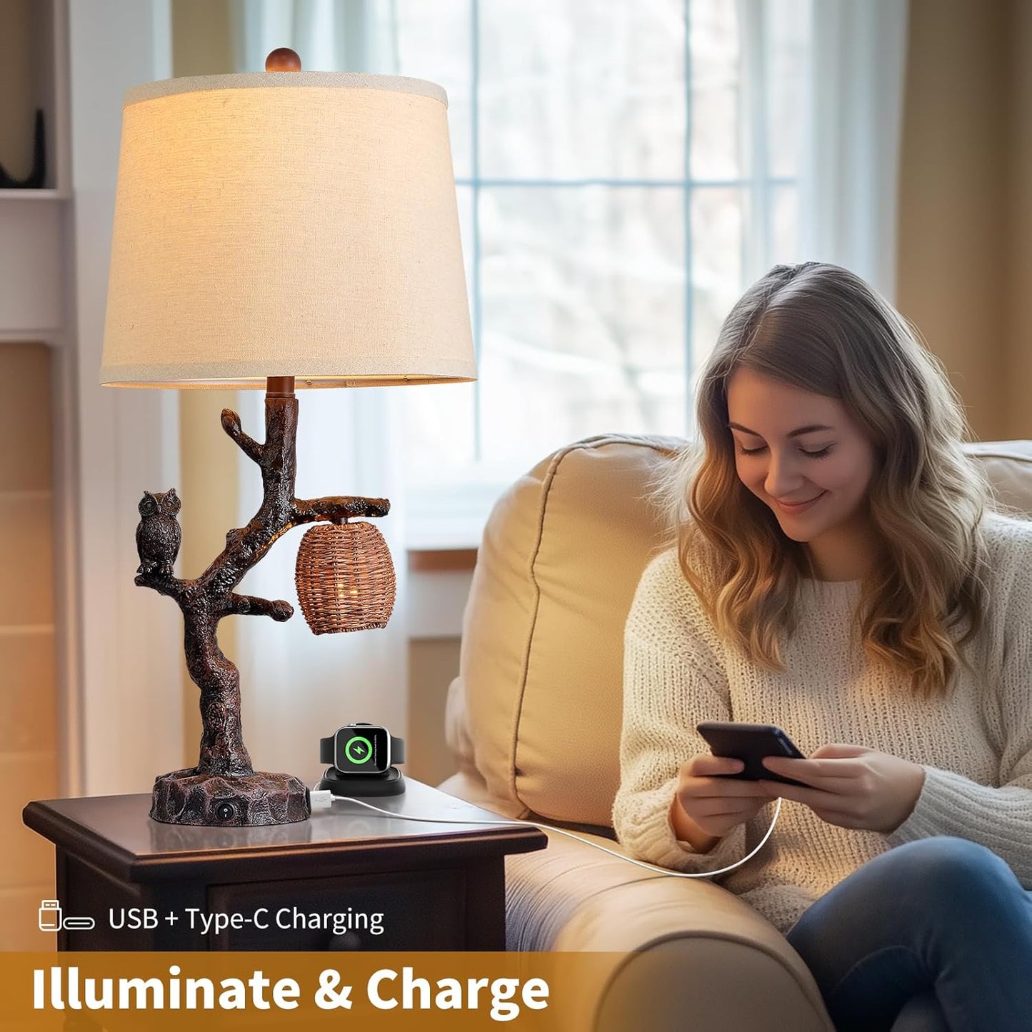 Rustic Farmhouse Owl Table Lamp with 3-Way Lighting Modes and USB Port - Perfect for Bedroom or Living Room Decor