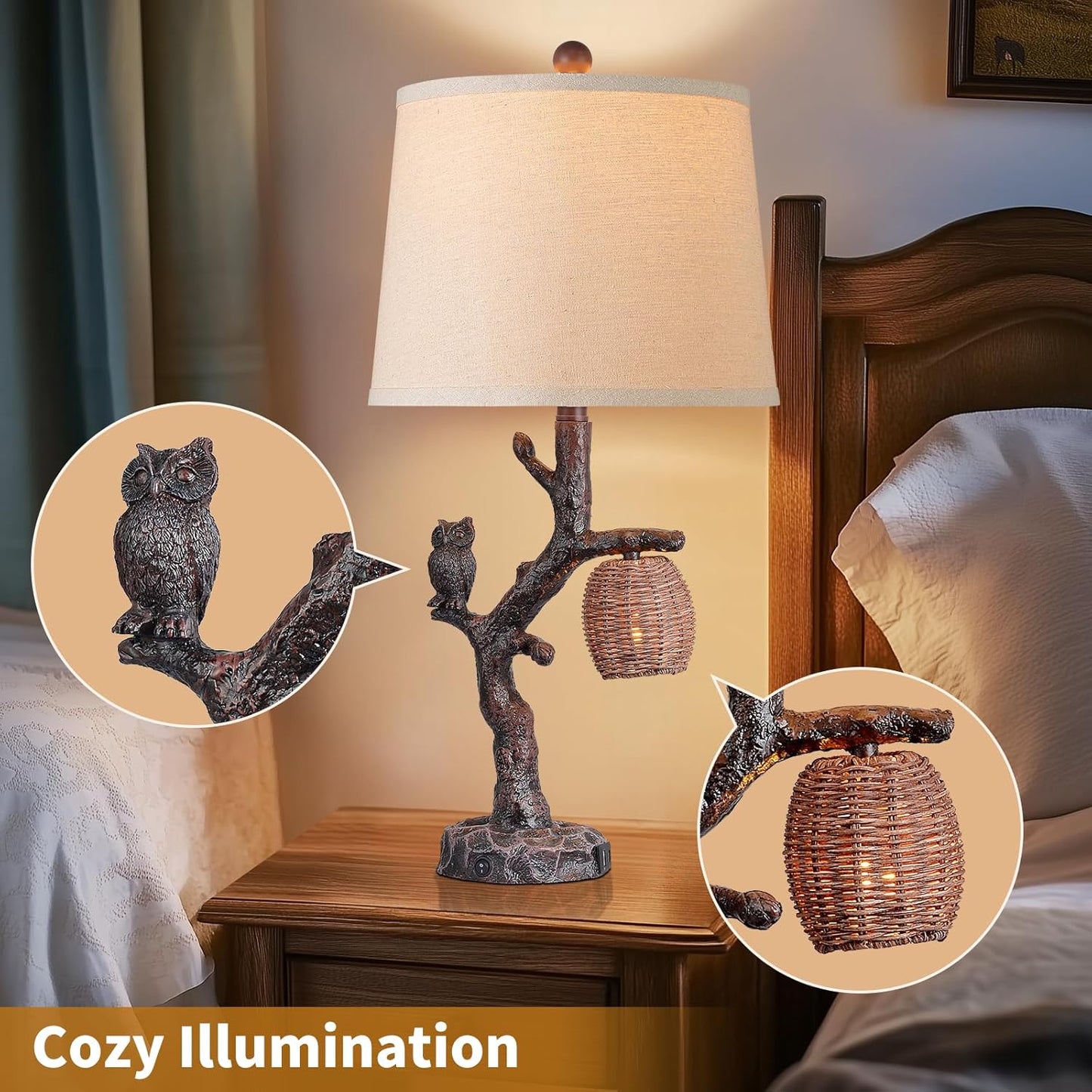 Rustic Farmhouse Owl Table Lamp with 3-Way Lighting Modes and USB Port - Perfect for Bedroom or Living Room Decor