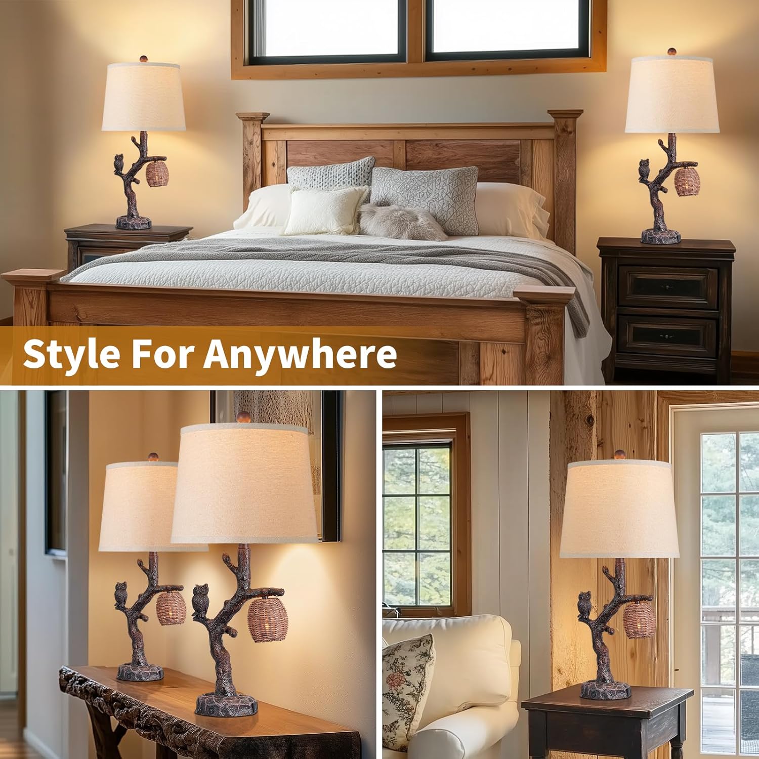 Rustic Farmhouse Owl Table Lamp with 3-Way Lighting Modes and USB Port - Perfect for Bedroom or Living Room Decor